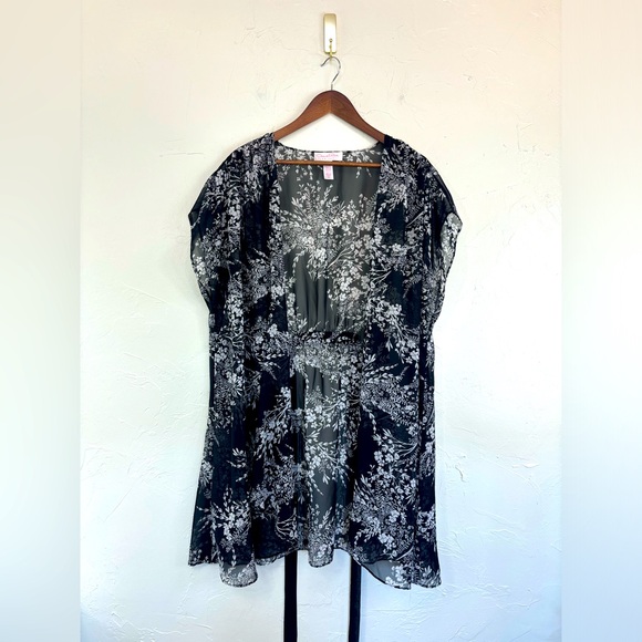 OSCAR DE LA RENTA PINK LABEL Plus 2X Sheer Robe Tunic Tie Waist Bow Black Floral - Picture 1 of 11